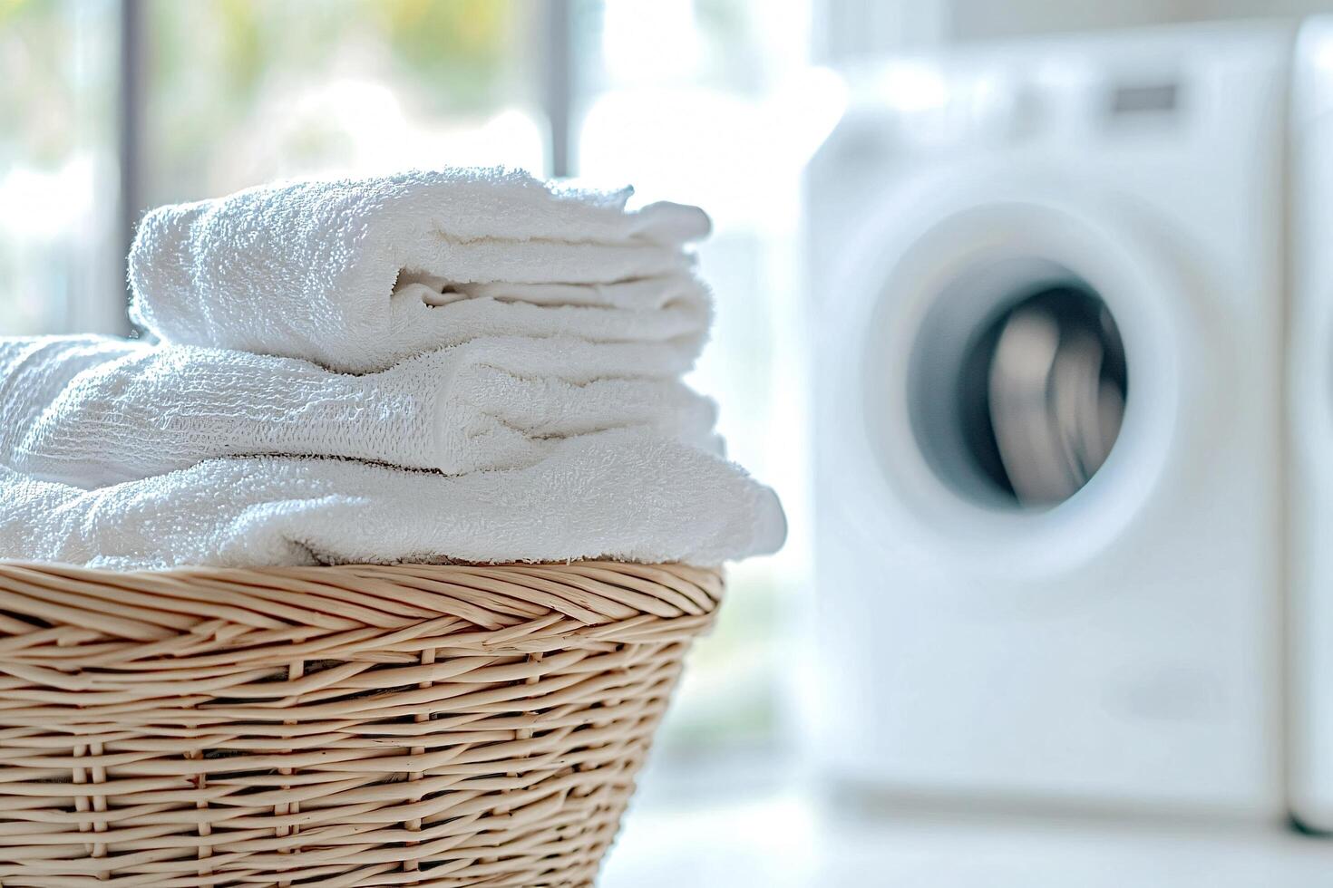 Freshly washed white towels sitting in wicker basket in laundry room photo