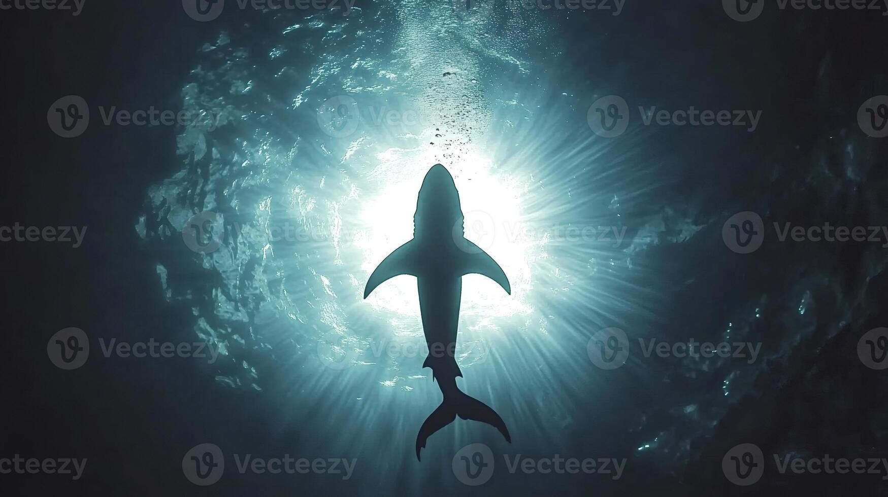 Sunlight penetrates the surface of a deep blue ocean, creating a mesmerizing spectacle as a majestic shark gracefully swims towards the light, its silhouette outlined against the bright rays photo