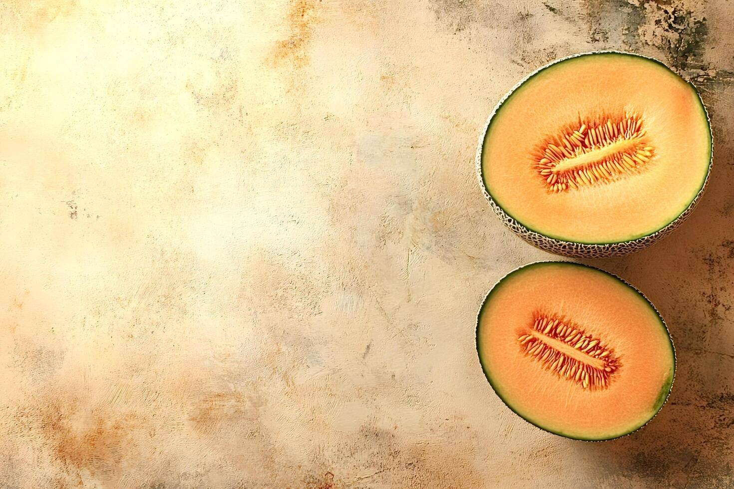 Two slices of fresh, ripe cantaloupe resting on a textured surface photo