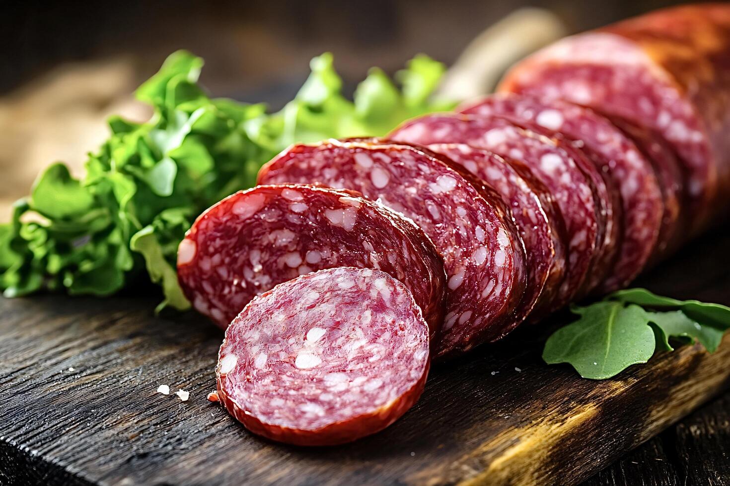 Sliced dry-cured sausage with rocket on a cutting board photo