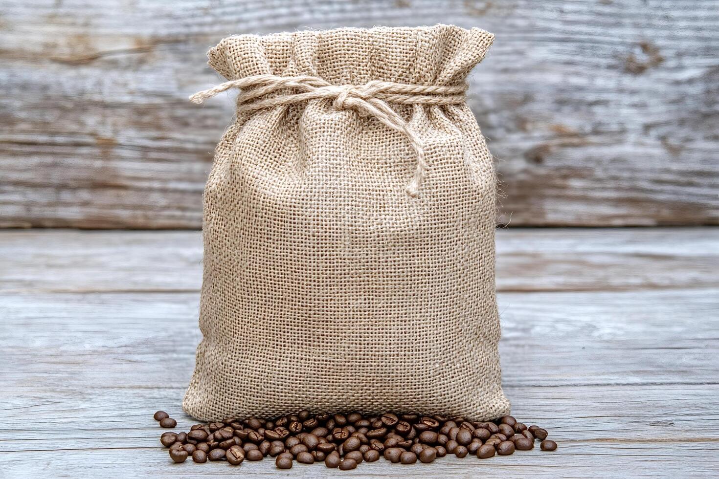 Burlap sack of coffee beans on rustic wooden table photo