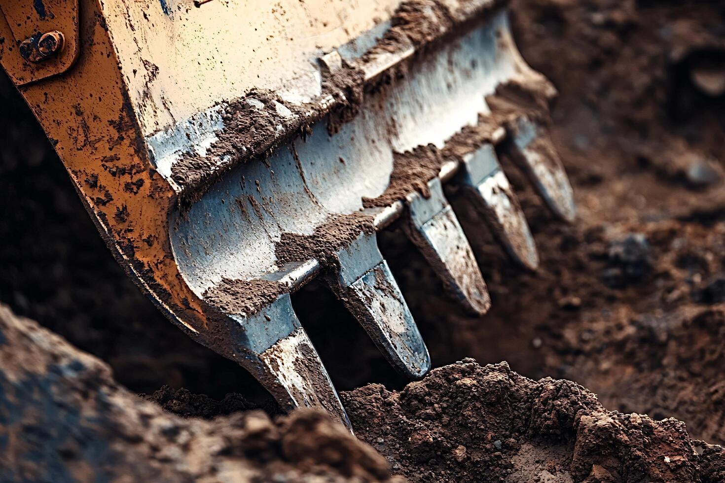 Excavator bucket digging a trench in the soil photo