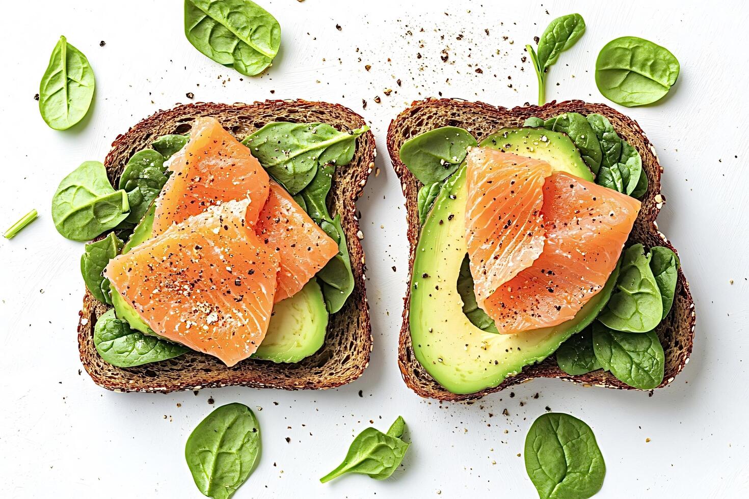 Two slices of whole grain toast with smoked salmon and avocado photo