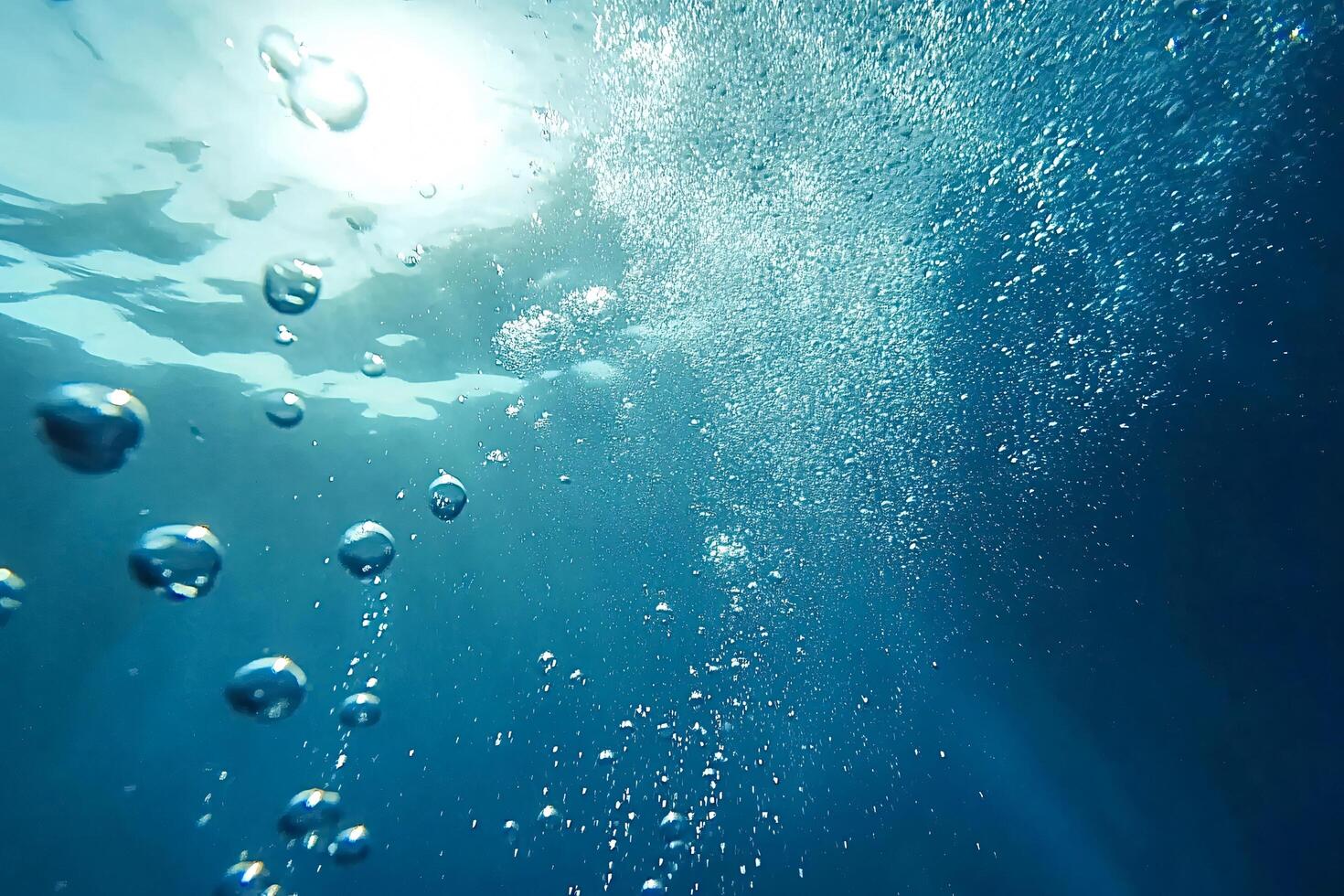 Underwater view of sunbeams and air bubbles rising to surface photo