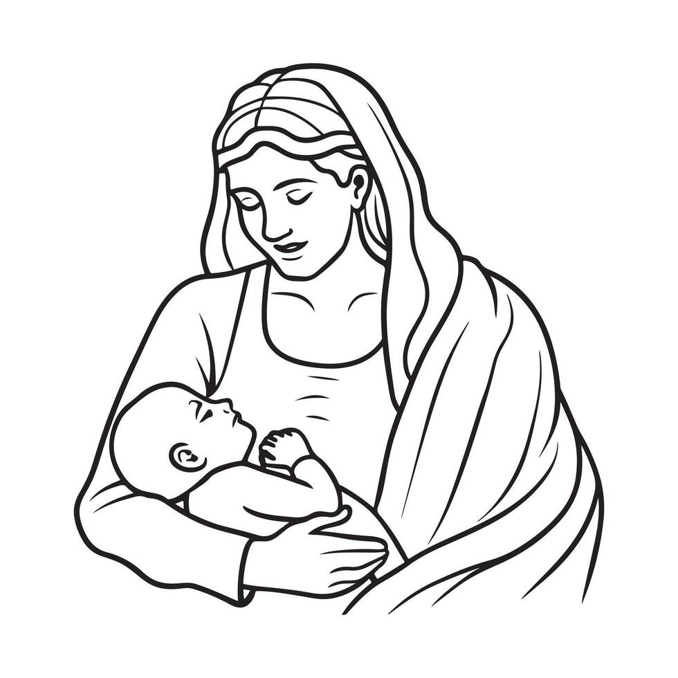 A Mother Cradling Her Child in Line Art vector