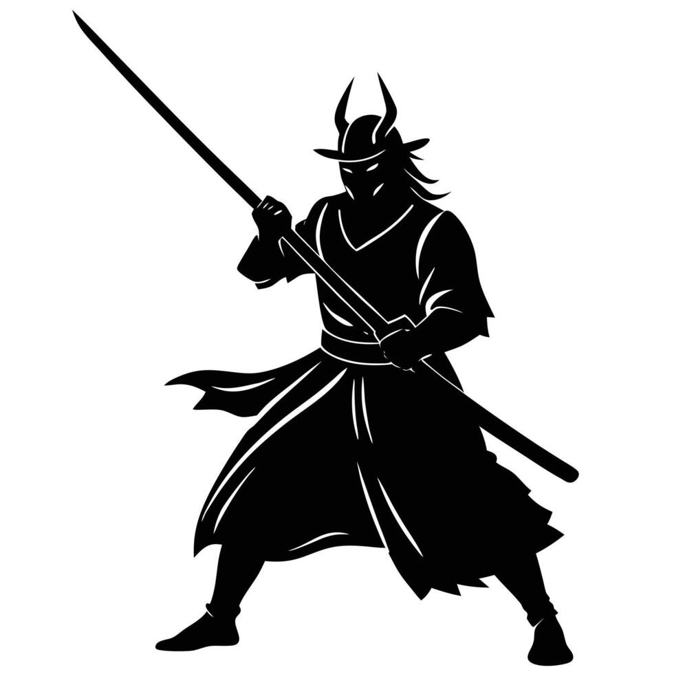 Traditional Samurai Holding Sword Silhouette for Classic Designs vector