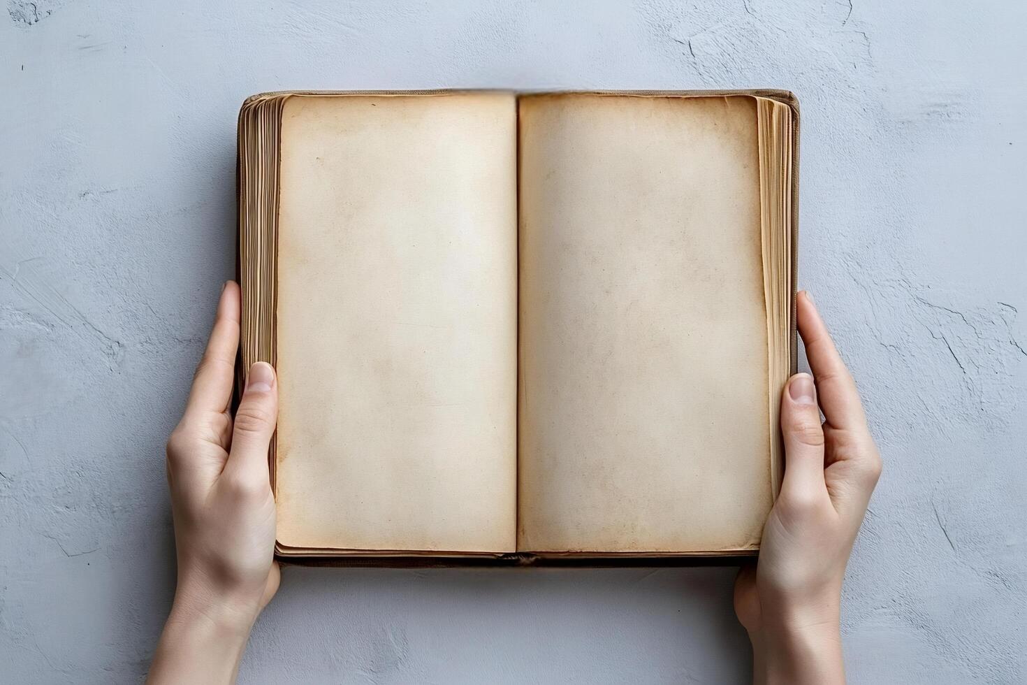 Hands holding open blank vintage book pages photo