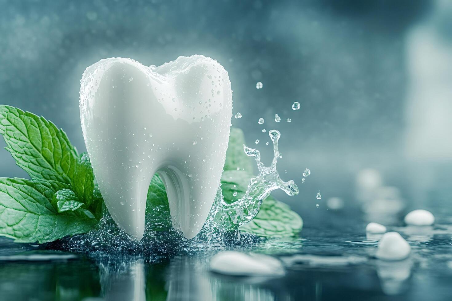 Sparkling tooth with mint leaves and water splash photo