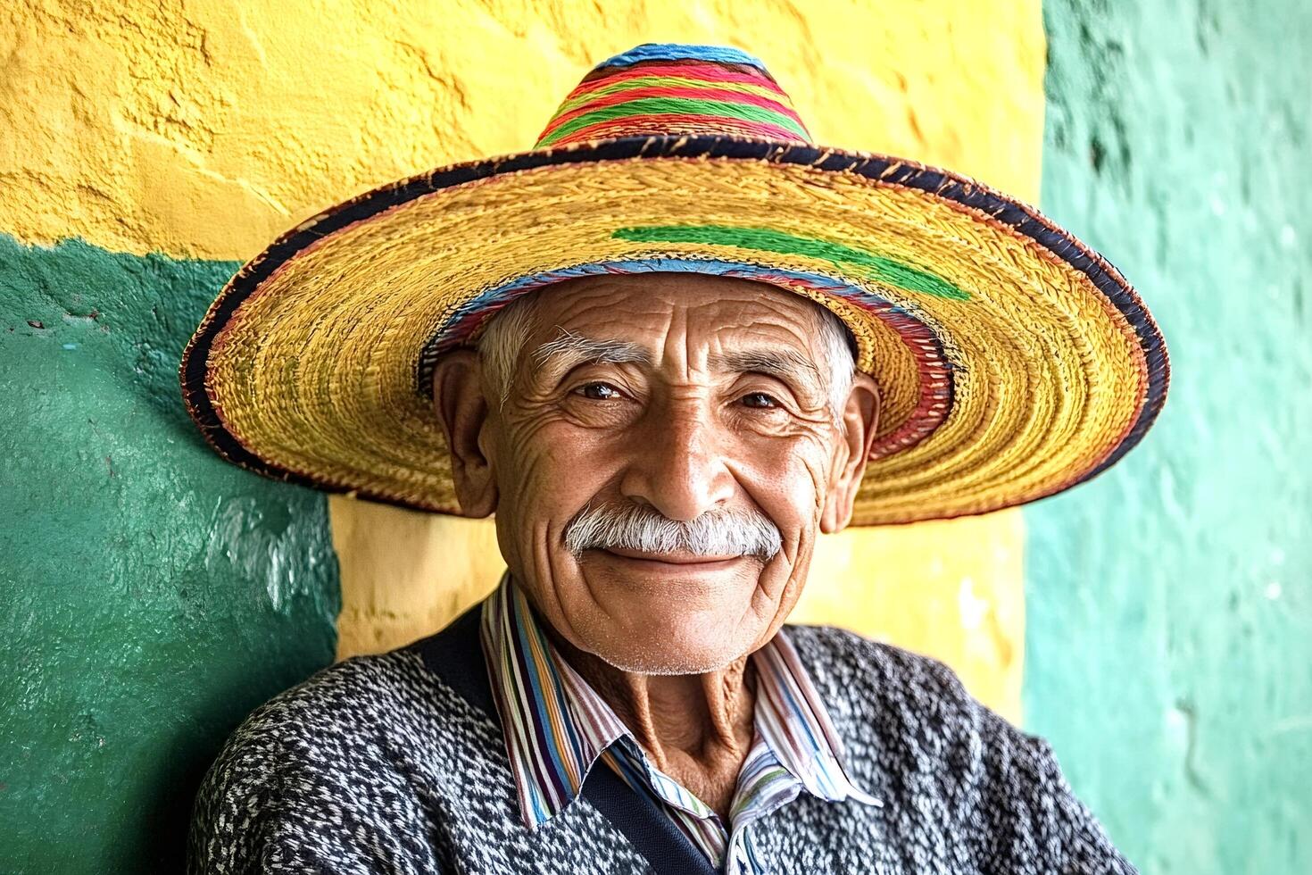 Elderly man smiling in colorful traditional hat photo
