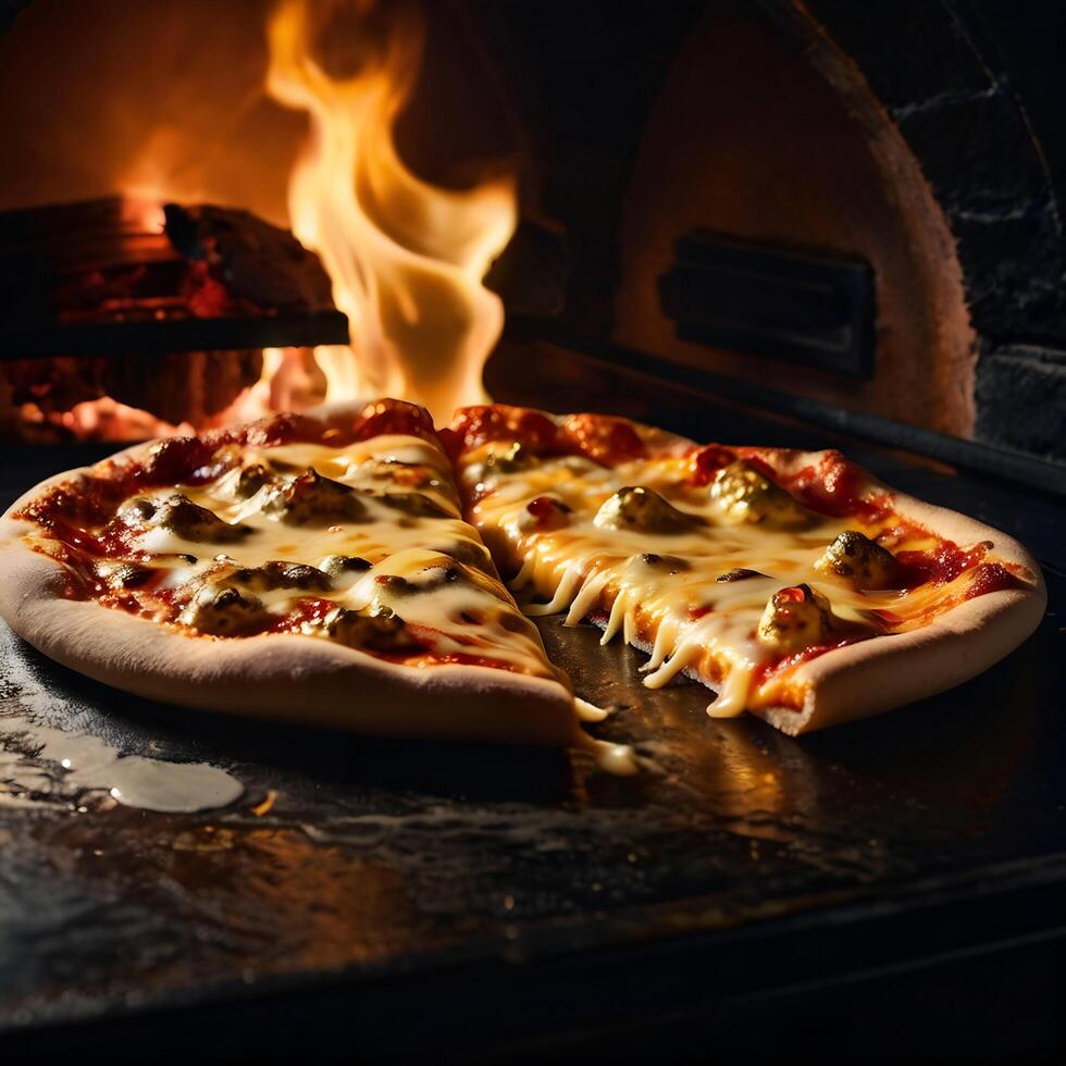 A pizza is being cooked in an oven photo