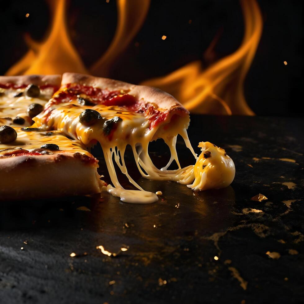 A pizza with cheese and olives on a black background photo