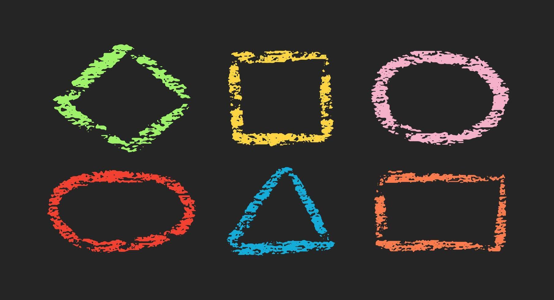 Crayon color kid figure by pencil on blackboard. Doodle chalk sketch shapes, circle, square, oval, triangle, geometric forms and elements on black background vector