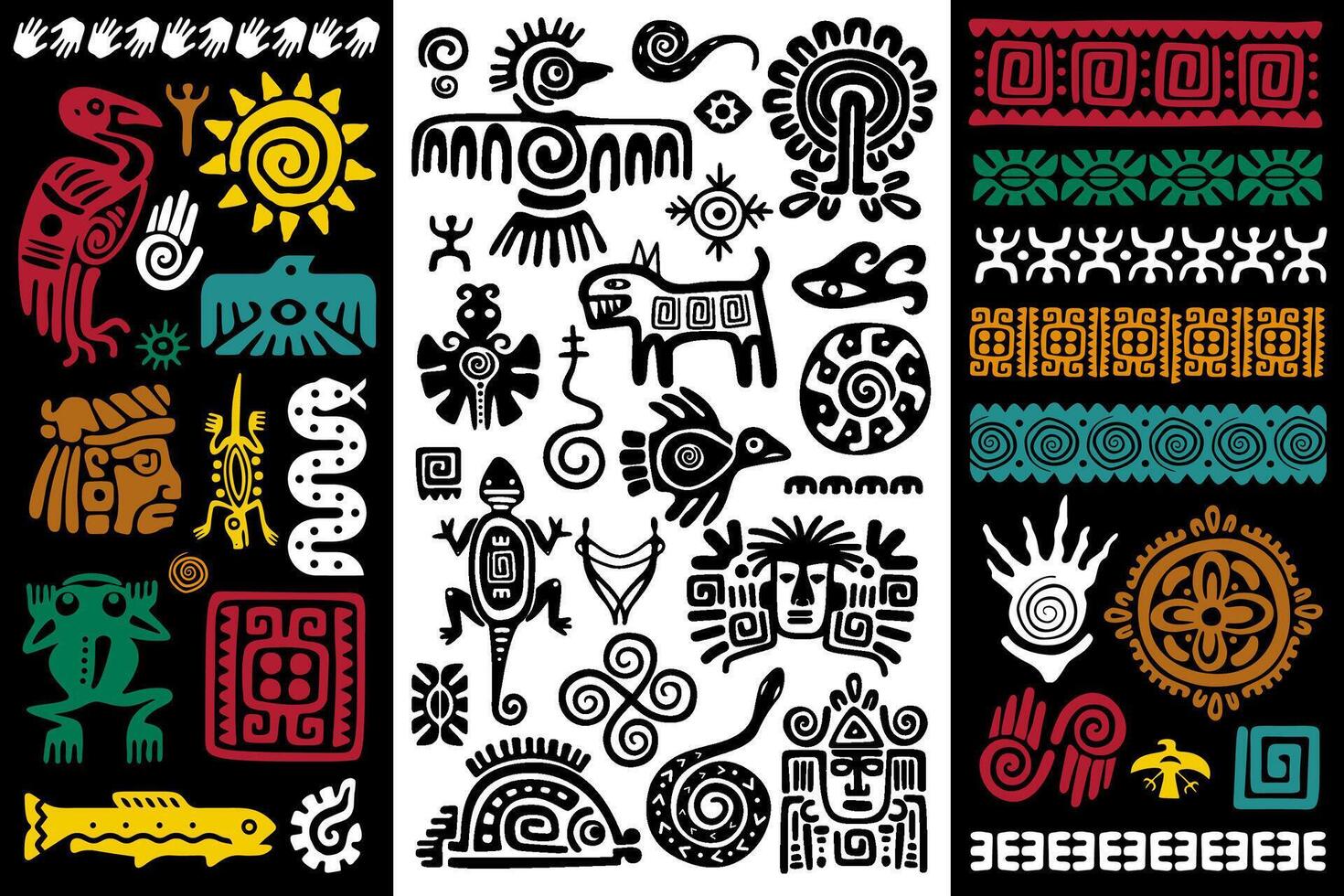 Polynesian tribal tattoo ornaments. Ancient tribal indigenous symbols with animals, sun and human figures. Ethnic patterns with geometric shapes and swirls set vector