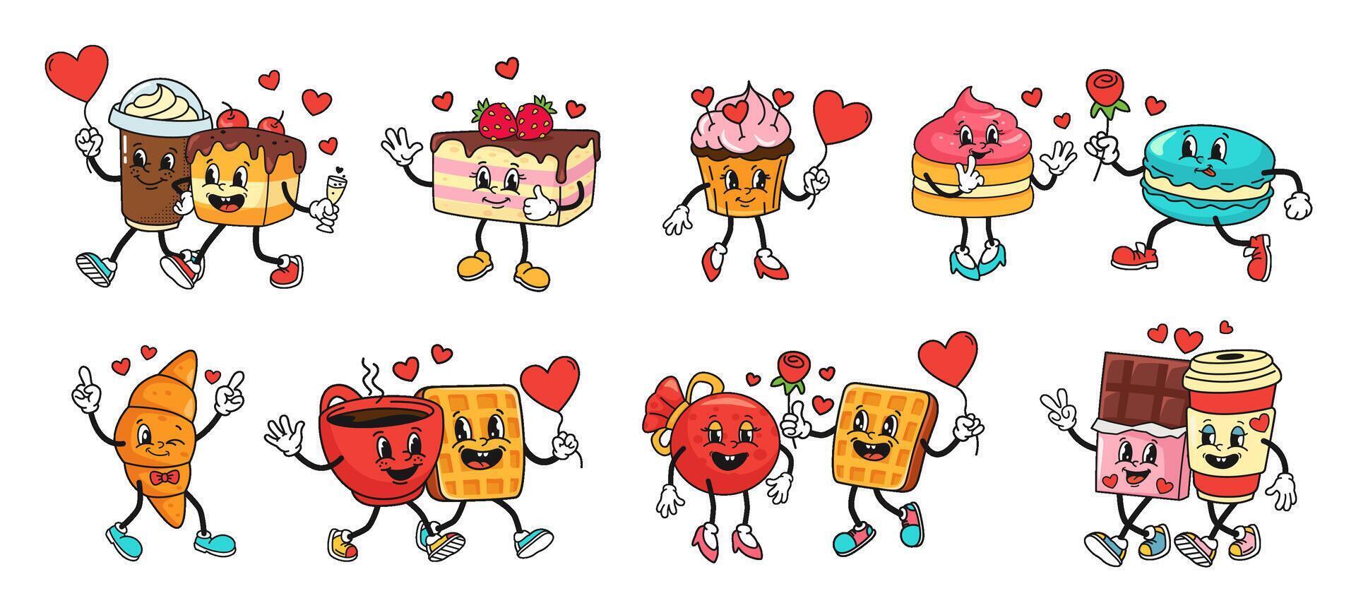 Valentines day dessert characters. Cute retro mascots for romantic cake, macaroon, love croissant and cupcake with hearts. isolated illustration set vector