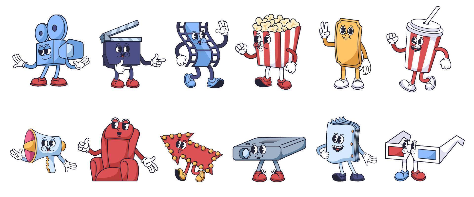 Groovy cartoon movie theater mascots. Film camera, clapperboard, filmstrip, cinema ticket, popcorn and soda cup, megaphone, chair, arrow, movie projector, script and 3D glasses characters set vector