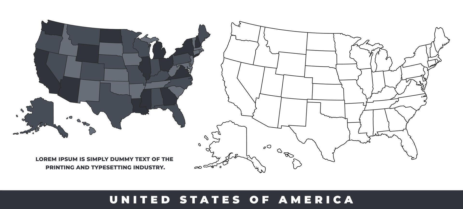 United States Of America political regions black color outline map set vector