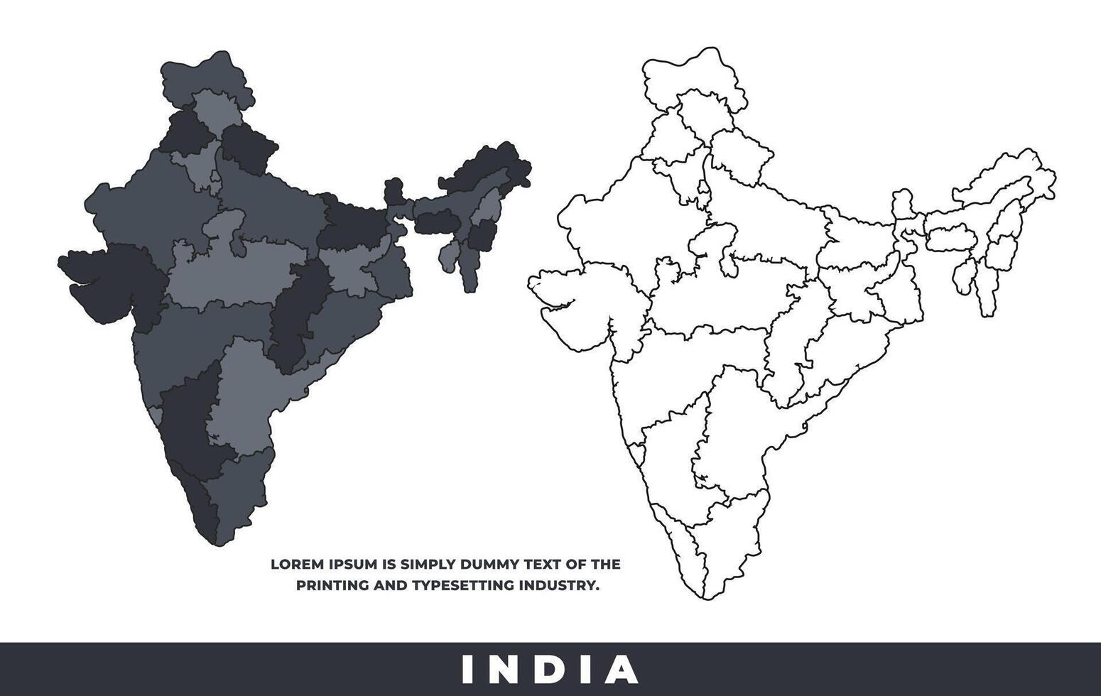 India political regions black color outline map set vector