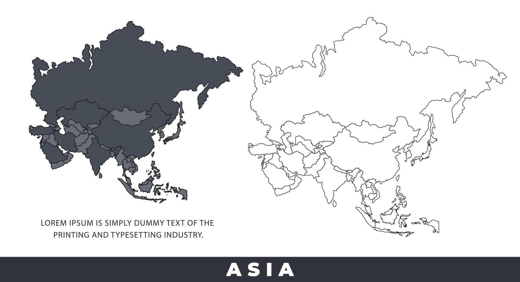 Asia political regions black color outline map set vector
