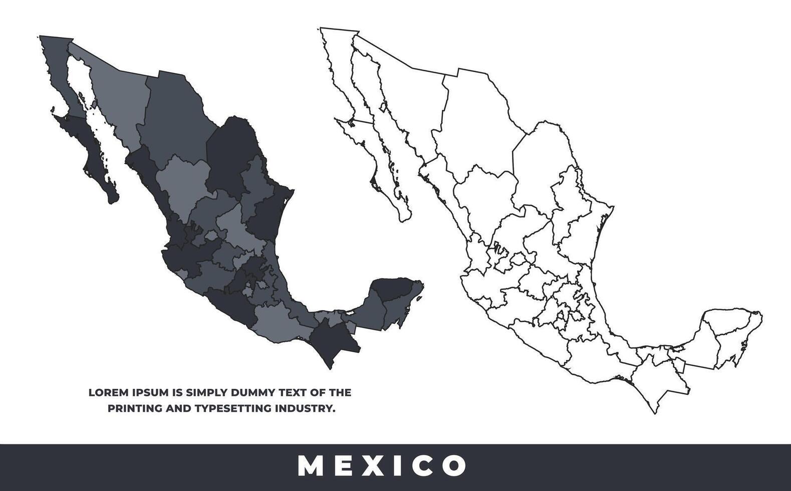 Mexico political regions black color outline map set vector