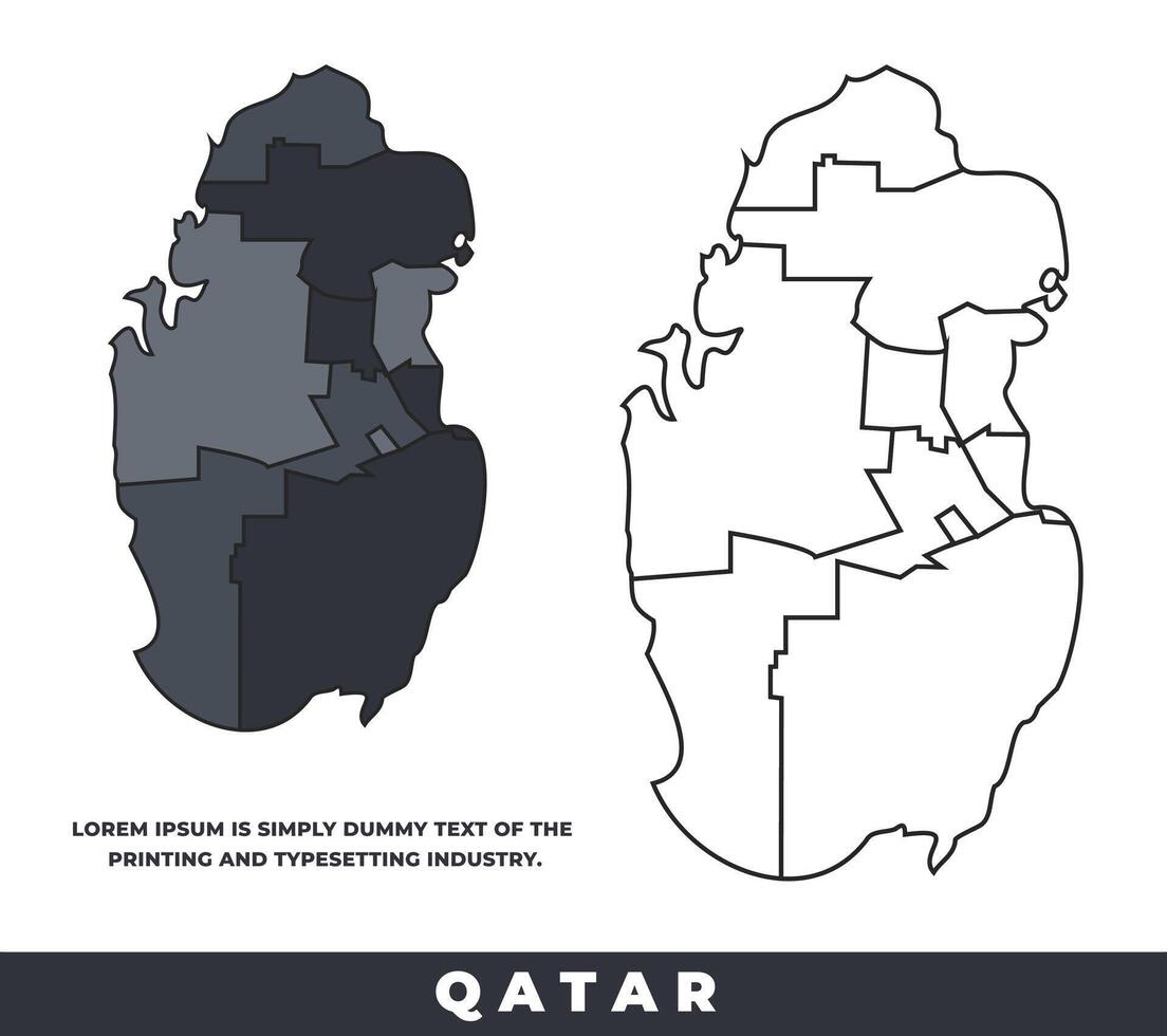 Qatar political regions black color outline map set vector