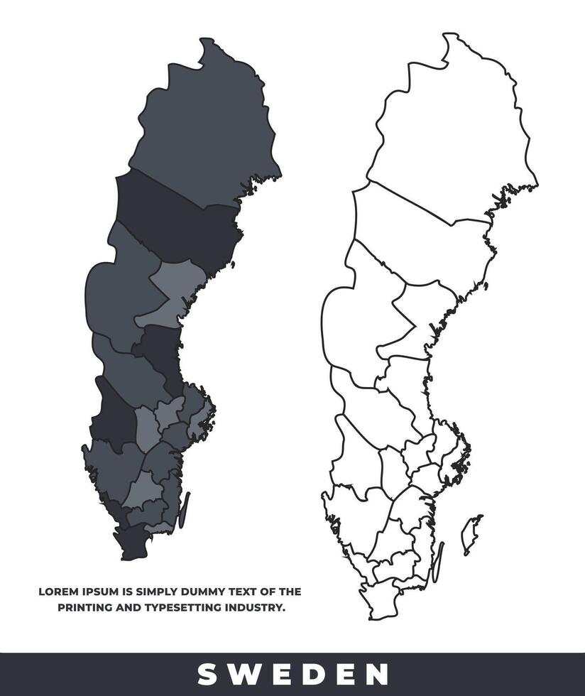 Sweden political regions black color outline map set vector