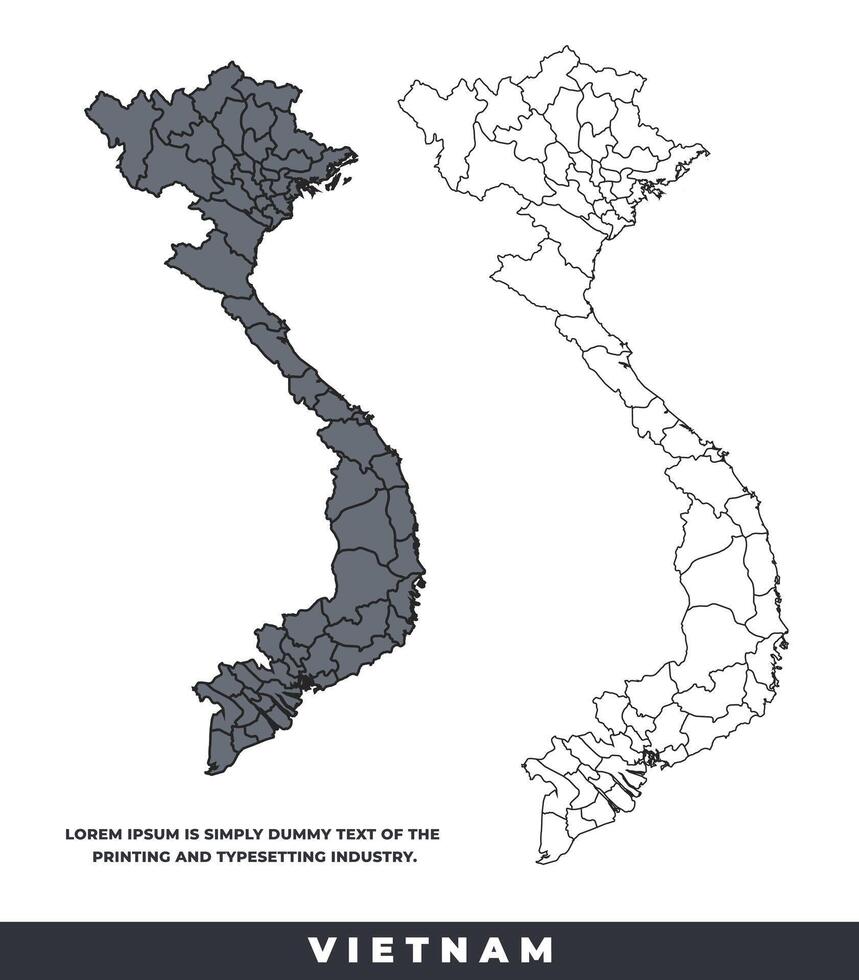 Vietnam political regions black color outline map set vector