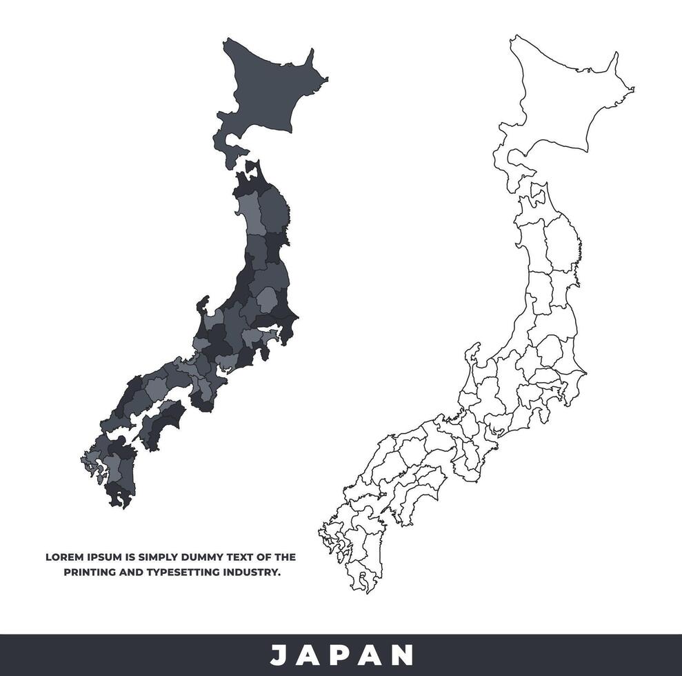 Japan political regions black color outline map set vector