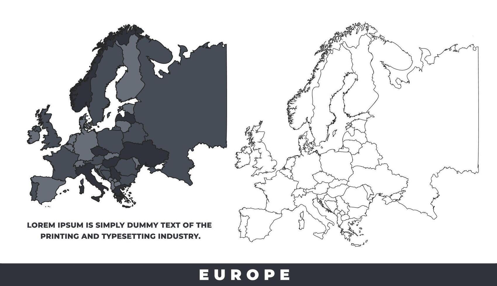 Europe political regions black color outline map set vector