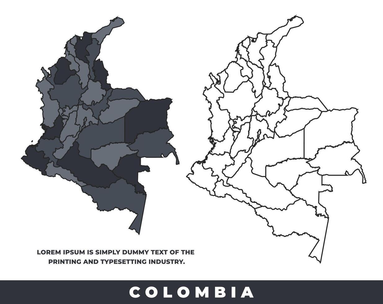 Colombia political regions black color outline map set vector