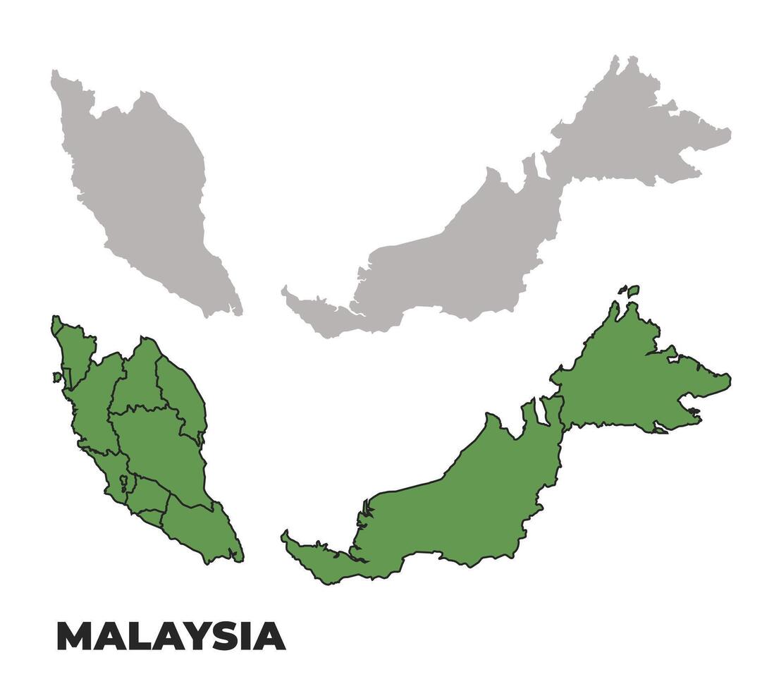 Malaysia political regions green outline map set vector