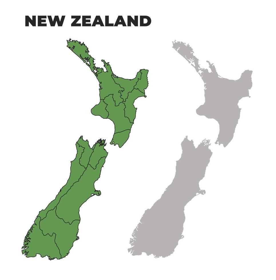 New Zealand political regions green outline map set vector