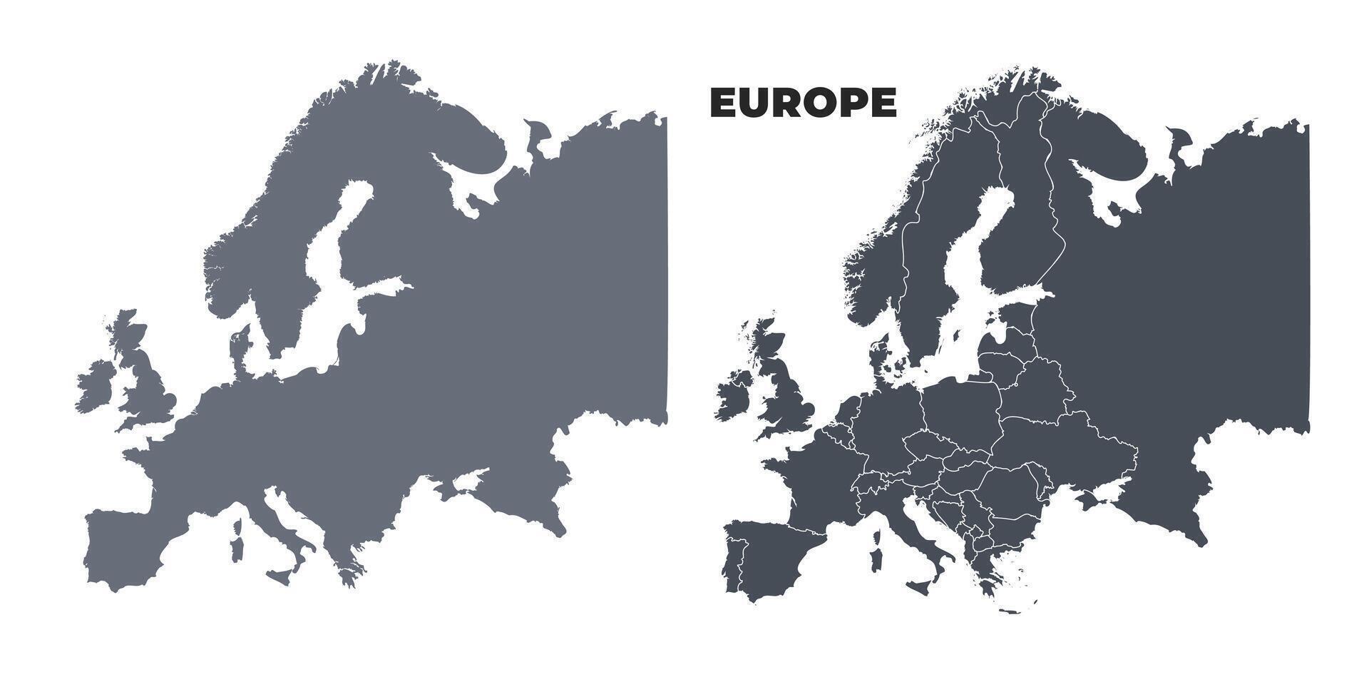 Europe grey political map simple flat illustration set vector