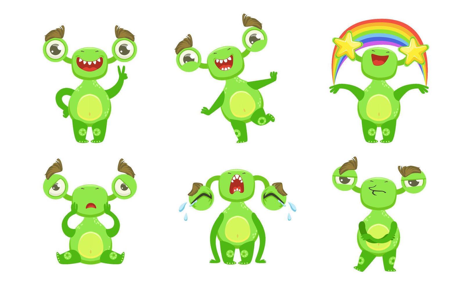 Funny Little Monster with Different Emotions Set, Cute Green Mutant Cartoon Character Illustration vector