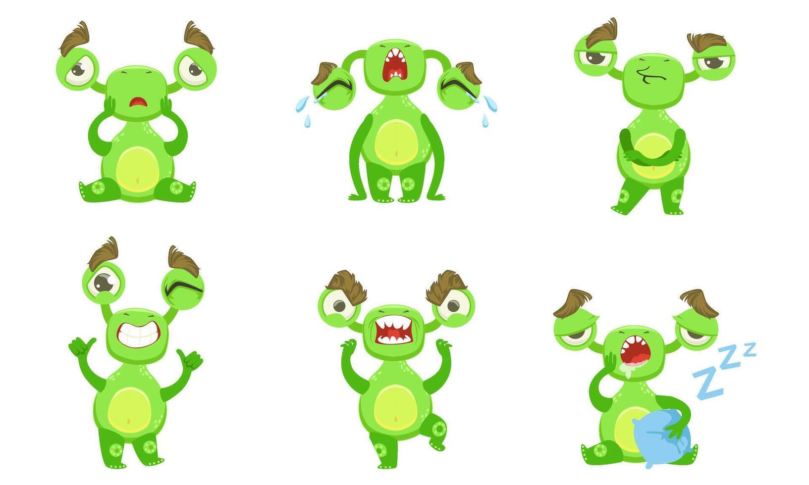 Funny Little Monster with Different Emotions Set, Green Mutant Cartoon Character Illustration vector