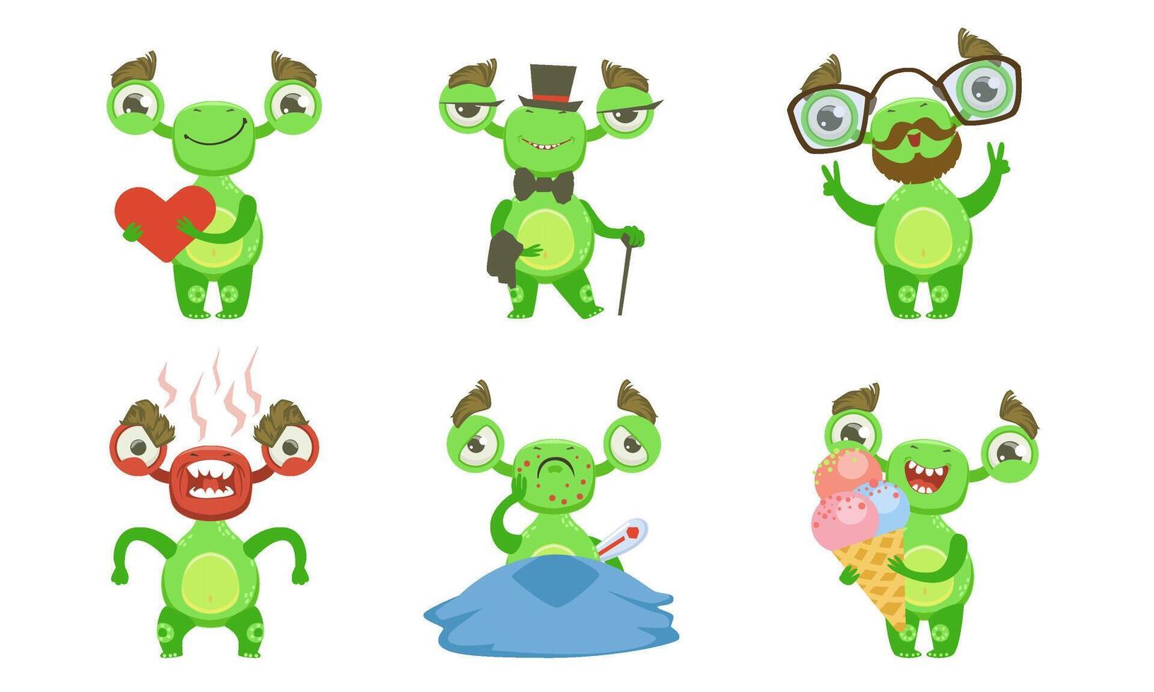 Funny Little Monster with Various Emotions Set, Green Mutant Cartoon Character in Different Situations Illustration vector