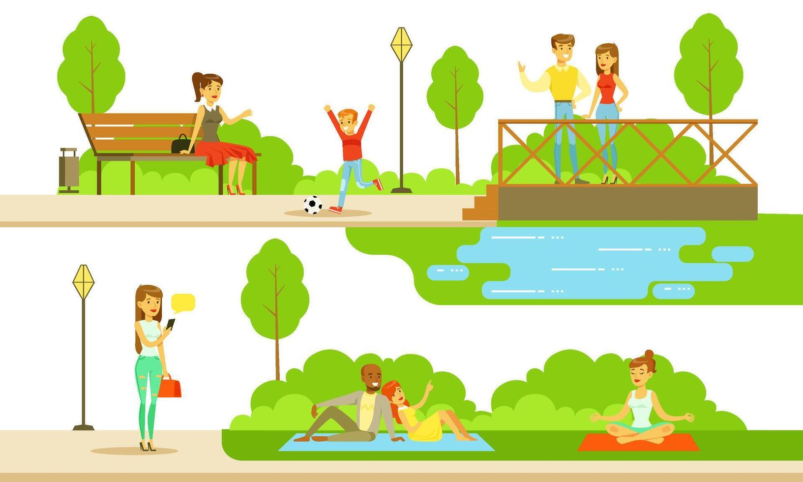 People Relaxing and Doing Sports in the Public Park at Summertime Illustration vector
