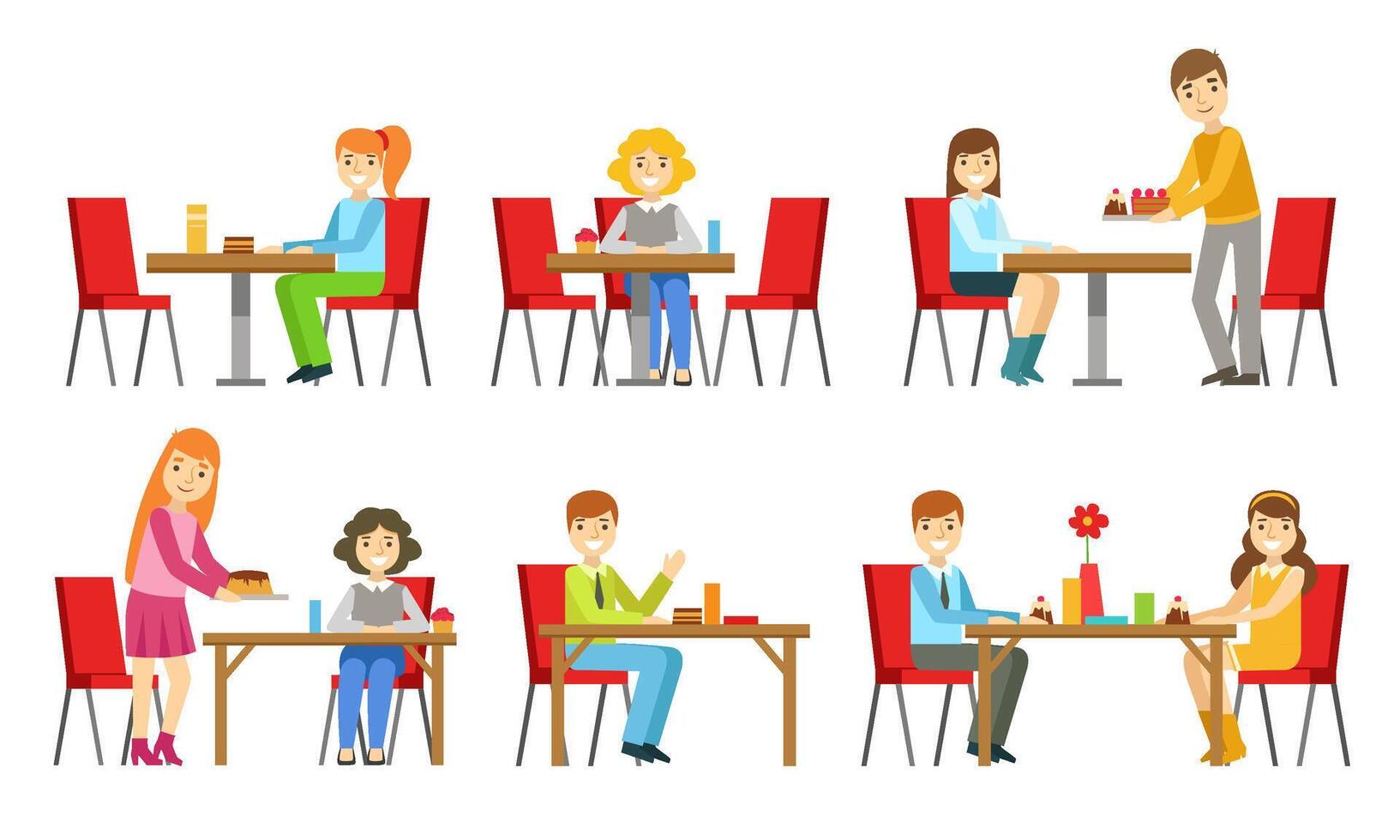 People Sitting at Tables and Eating Desserts at Bakery Shop or Confectionery Set Illustration vector