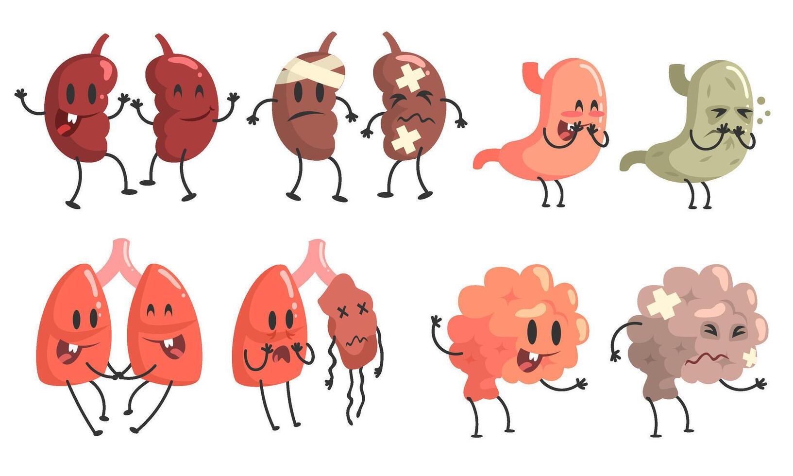 Healthy and Unhealthy Human Internal Organs Cartoon Character Set, Kidneys, Stomach, Brain, Lung, Thyroid Illustration vector
