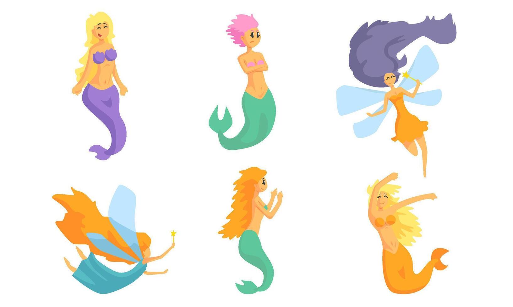 Collection of Cute Fairy Tale Mermaids and Beautiful Fairies in Flight Illustration vector