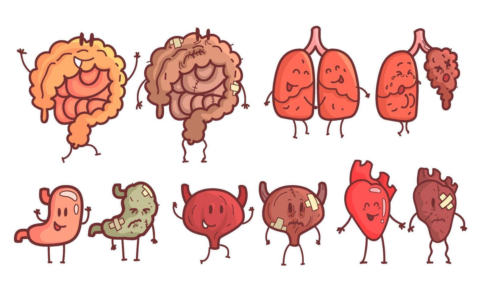 Healthy and Unhealthy Human Internal Organs Cartoon Character Set, Bladder, Heart, Lungs, Intestines, Stomach Illustration vector