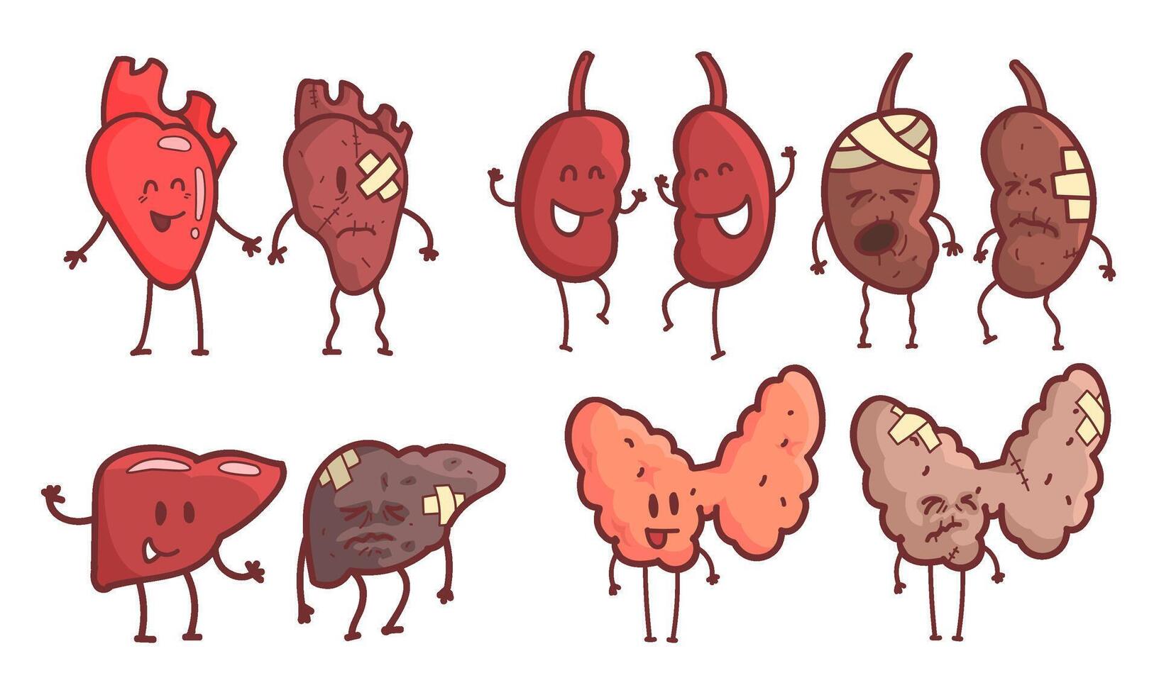 Healthy and Unhealthy Human Internal Organs Cartoon Character Set, Kidneys, Heart, Liver, Thyroid Illustration vector