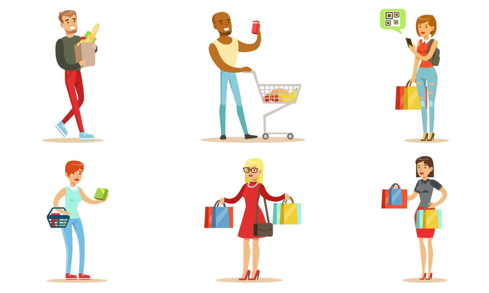 People Carrying Shopping Bags with Purchases Set, Young Men and Women Buying Groceries and Taking Part in Seasonal Sale at Store Illustration vector