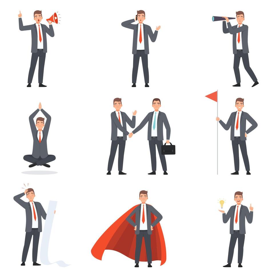 Businessmen characters, people in business suits in different situations illustration vector