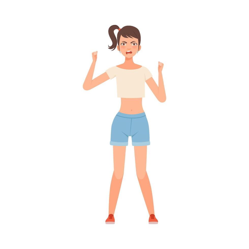 Angry teenager girl waving fists on a white background character Illustration vector