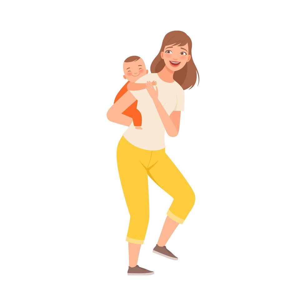 Mother toys with baby and hold on her back character Illustration vector