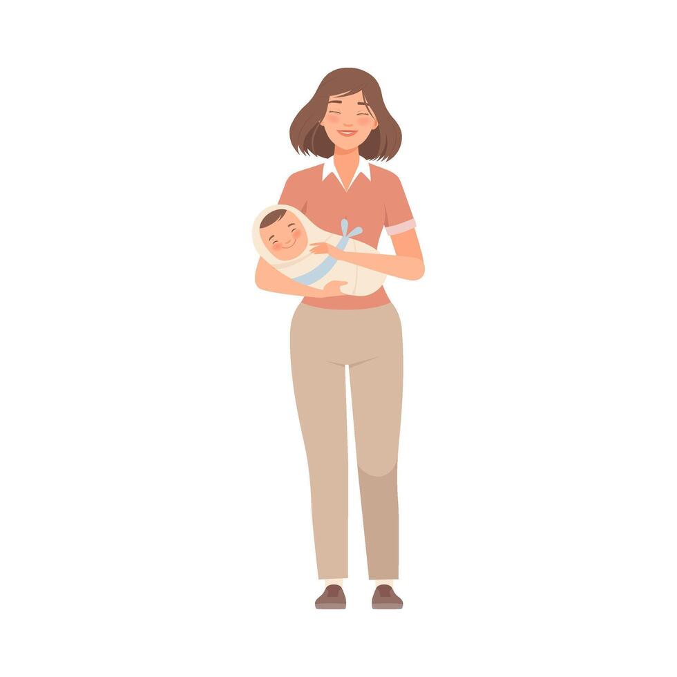 Mother holds baby and smiles on a white background character vector