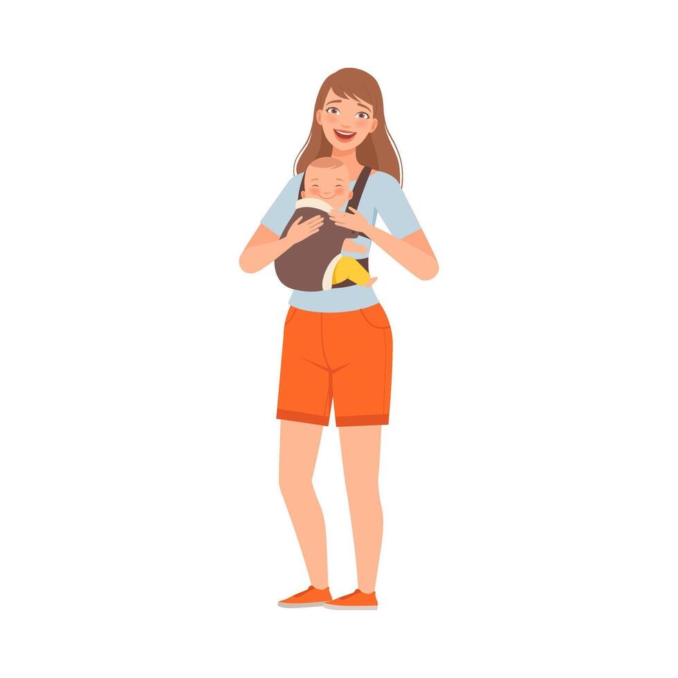 Mother hold baby in kangaroo bag character Illustration vector