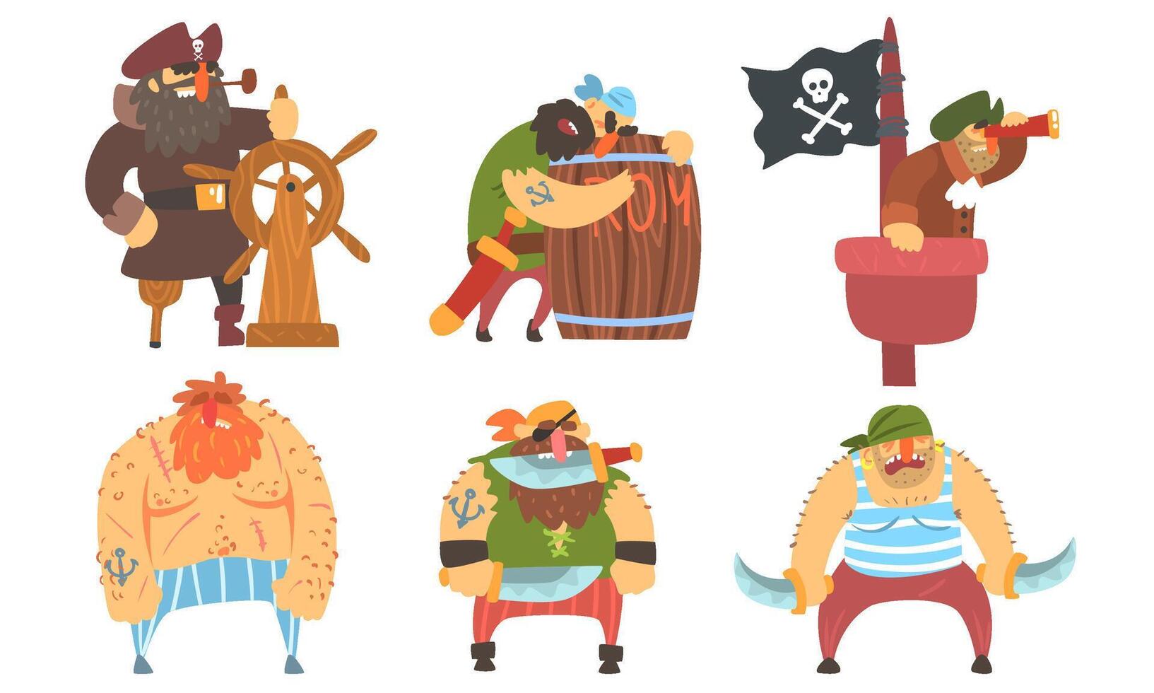 Funny Brave Sailors Pirates and Captain Set, Male Buccaneers Cartoon Characters Illustration vector