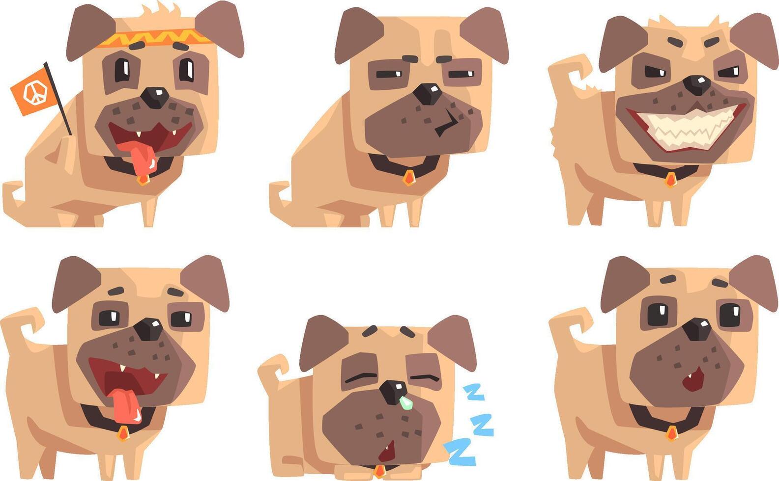 Cute Pug Dog with Various Emotions Set, Funny Animal Cartoon Character Illustration vector