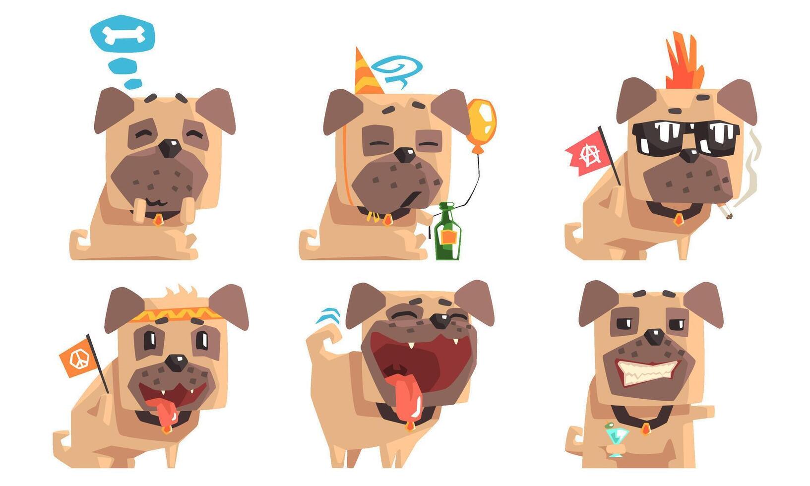 Cute Pug Dog with Various Emotions Set, Adorable Funny Animal Cartoon Character in Different Situations Illustration vector